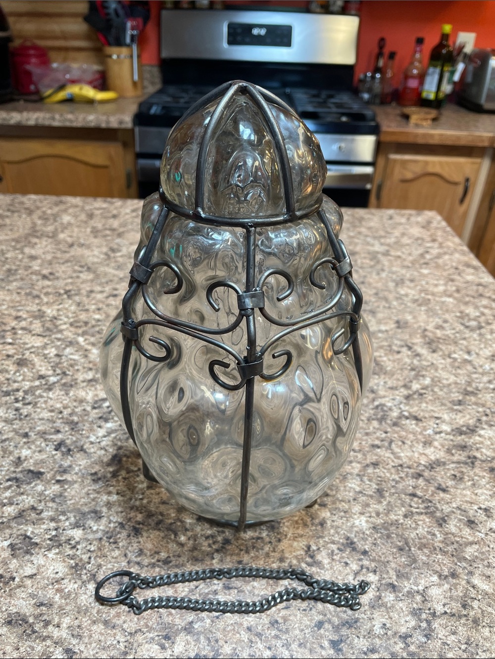 Vintage Hand Blown Caged Glass Light Fixture 11in Tall Antique